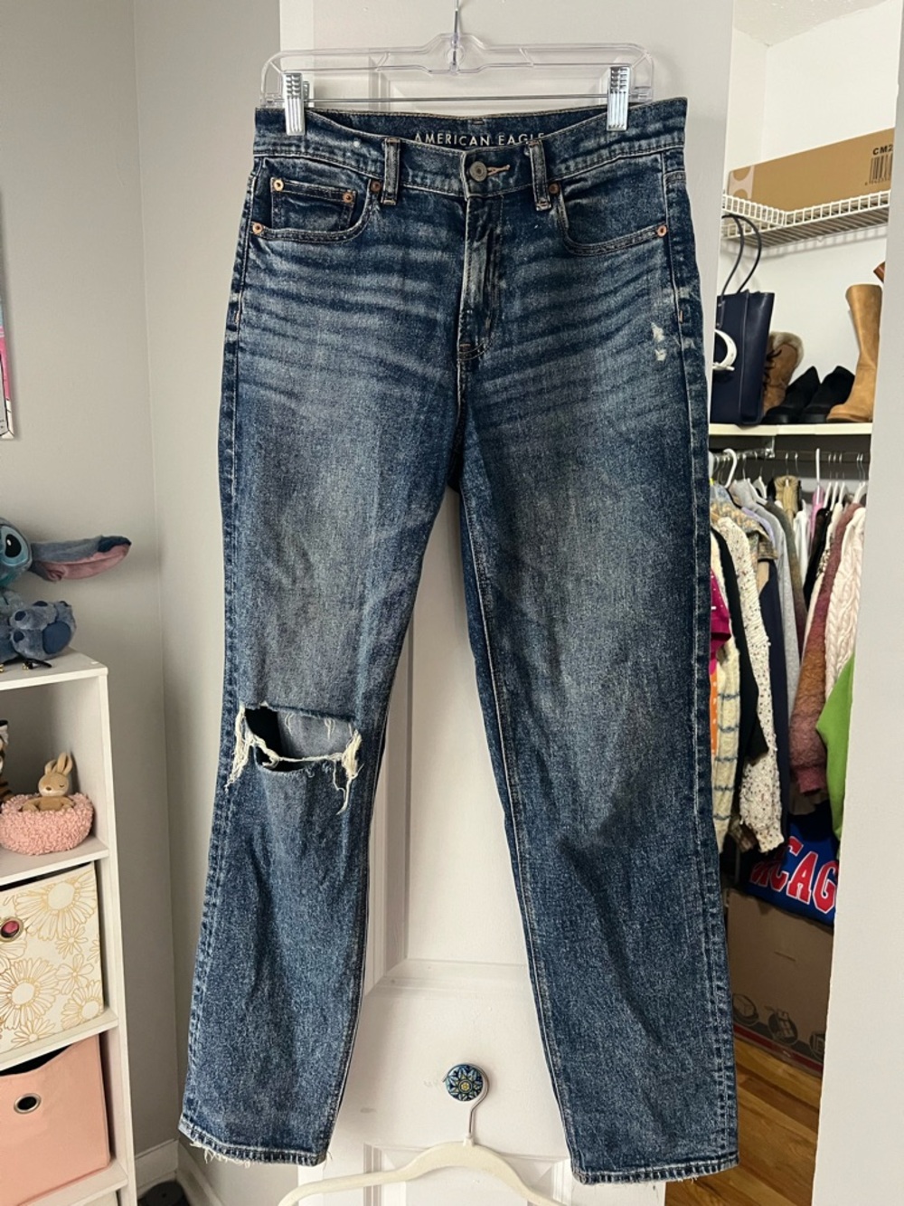 American Eagle Outfitters Blue Distressed Straight Leg Jeans